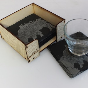 Buffalo Map Drink Coasters - Laser Engraved Slate Set with Holder + Gift Wrap Option