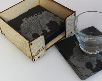 Buffalo Map Drink Coasters - Laser Engraved Slate Set with Holder + Gift Wrap Option