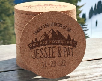 Mountain Wedding Coasters - Cork, Custom, Engraved, Extra Thick, Wedding Favors, Reception Coasters, Guest Gift, Wedding Shower, Rustic