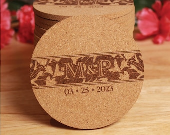 Monogram Wedding Coasters Favors - Real Cork, Custom Engraved Initials, Personalized Shower Gift, Reception Decor, Rustic, Floral Engraving