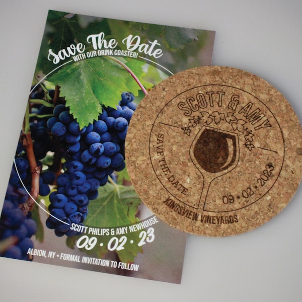 Winery Save The Date Coasters + Card - Engraved Cork, Custom, Personalized, Winery Wedding,  Envelopes Included