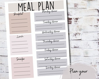 May include: Printable meal planner with a grey and beige colour scheme. The planner is divided into sections for breakfast, lunch, snacks, and dinner for each day of the week. The text "Instant Download" and "Plan your meals in advance" is included.