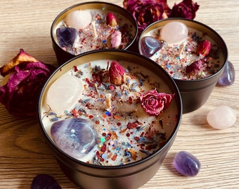 Soothing & Purification candle, Rose Quartz, Amethyst, dried flowers
