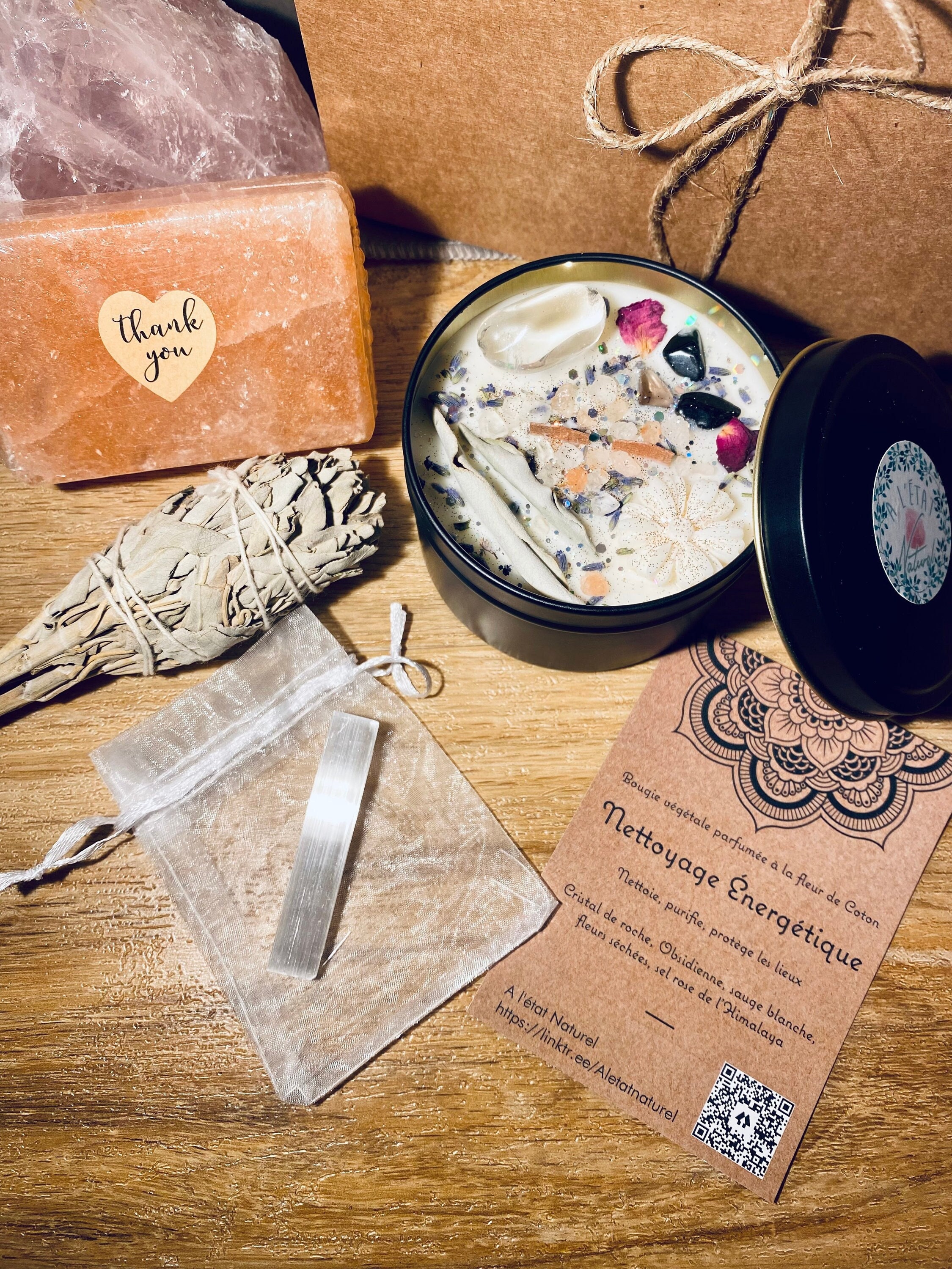 Box Nettoyage Énergétique, Bougies, Sauge Blanche, Sel Rose de L'himalaya, Cristal Roche, Sélénite