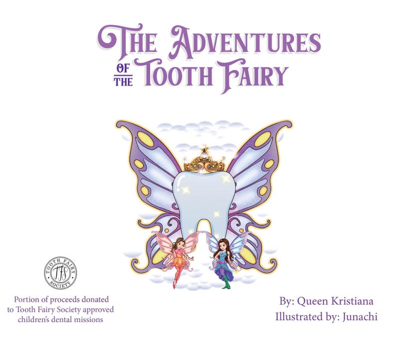 Cover art for the children's book, ‘Adventures of the Tooth Fairy', depicting two teenage, excitable tooth fairy’s posing in front of a large, sparkly white tooth with colorful wings and a golden crown. The scene is set against a blue sky and pillowy clouds.