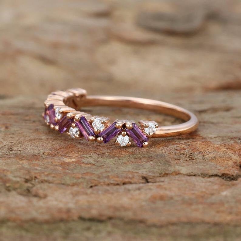 Baguette cut amethyst wedding band vintage silver wedding