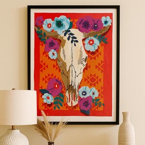 Zuidwestelijke koe schedel bloemen muurkunst | 16 x 20 handgeschilderd canvas | Western boho-decor | Levendig acrylschilderij zonder lijst