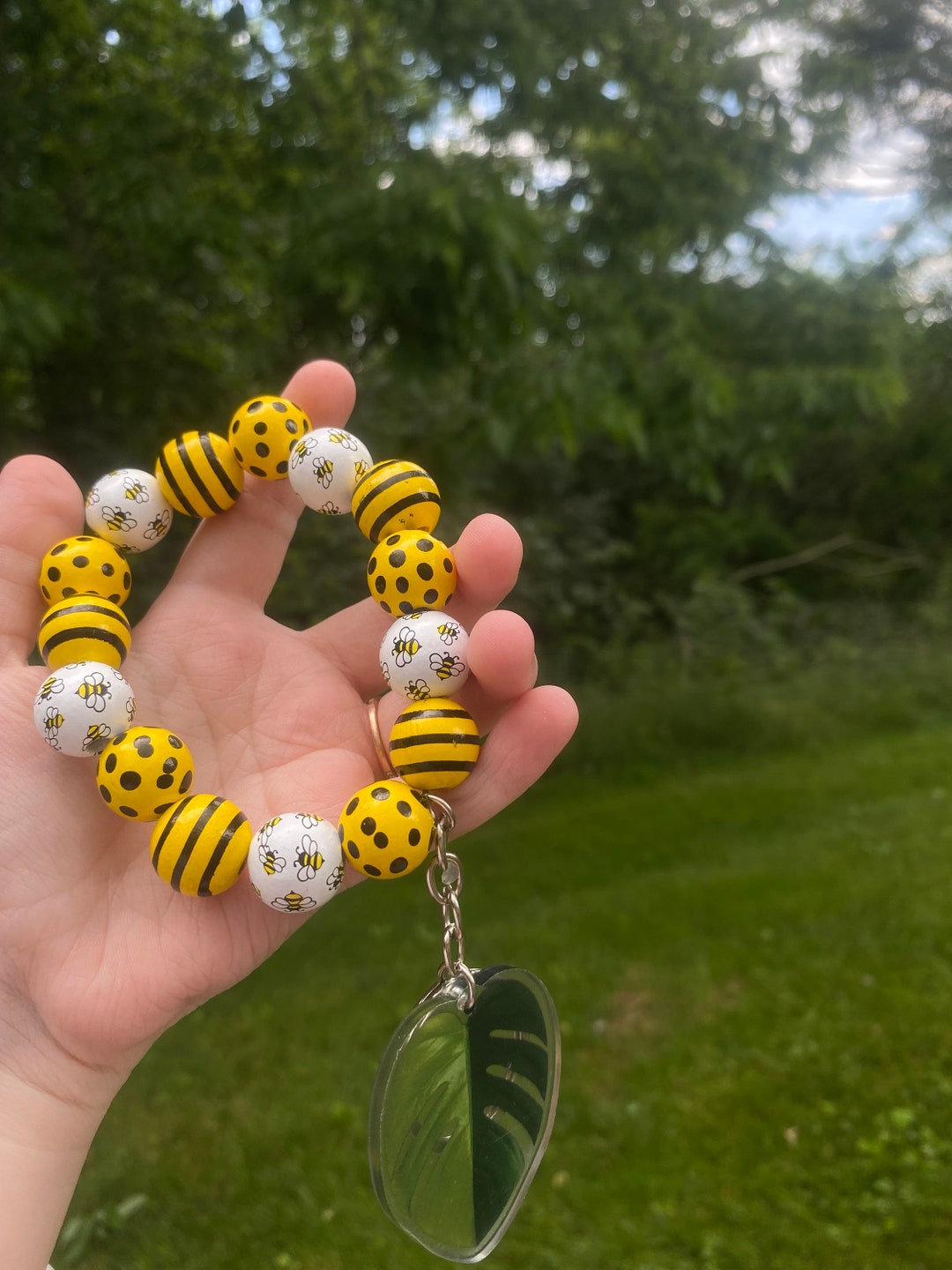 Wooden Bumblebee Leaf Beaded Keychain, 15mm Beads Wristlet Adult Size ...