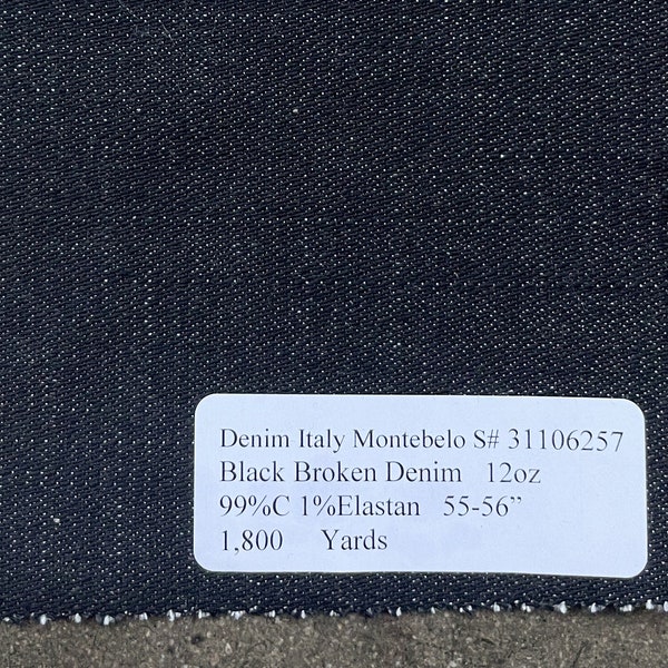 Italy Montebello Black Denim Italian Denim Broken Fabric by the yard 99% cotton 1 elastane 12 oz 56in