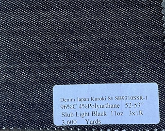 Japanese Light Black Slub Denim 11oz medium-heavy weight fabric by the yard 52-53in bolt 96% cotton 4 Poly