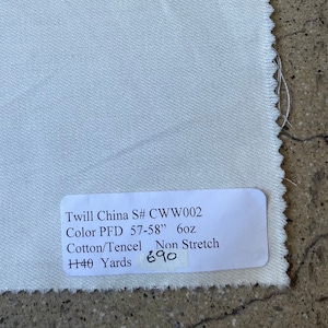 Cotton Tencel Twill PFD / White 57-58 &quot; 6oz Non Stretch 140 Yards S# CW W002