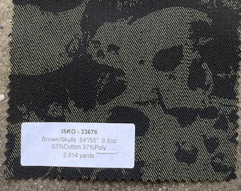 Green / Brown Skull Denim Fabric by the Yard 3 yard bundle 63% Cotton 47 Polyester Skeleton Printed Denim 9.5 oz