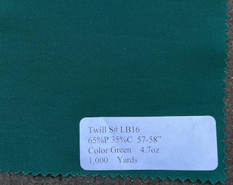 3 Yards Green Twill Fabric Lightweight twill 4.7 oz 65 Poly / 35% Cotton 57”