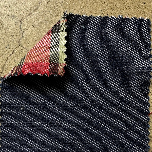 3 YARDS Plaid back Indigo Denim Fabric Double Weave denim flannel 8oz medium-weight