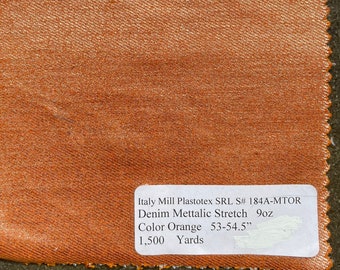 Orange Metallic Denim Coated Stretch Denim Italian Fabric by the yard 9 oz medium weight Made in Italy