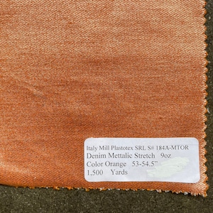 Orange Metallic Denim Coated Stretch Denim Italian Fabric by the yard 9 oz medium weight Made in Italy