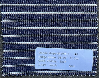 3 Yards Denim Striped Indigo Denim 11.5 oz  93% Cotton 7 Poly 3x1R 58-59"