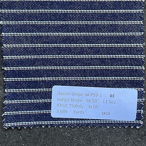3 Yards Denim Striped Indigo Denim 11.5 oz  93% Cotton 7 Poly 3x1R 58-59"