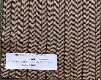 Puede incluir: Muestra de tejido de espiga marrón con el texto "HERRINGBONE YS-030", "BROWN", "48" 7 oz 64% Algodón 34% Poly 2% Spandex" y "3.060 yardas".