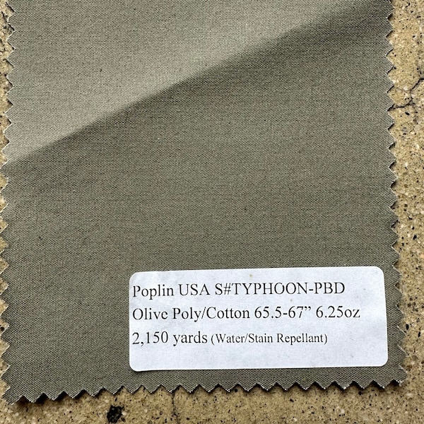 Water Stain Repellant Poplin Fabric USA Olive Poly/Cotton 65.5-67" 6.25oz