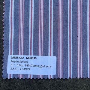 Italian Blue and Pink Poplin Striped Shirting Fabric by the yard cotton lycra 61&quot; 6oz medium lightweight (price per 3 yards)