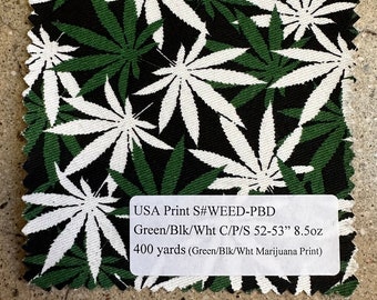Marijuana Leaf Print Fabric, Poly Cotton Spandex, Apparel Fabric (3 Yards)
