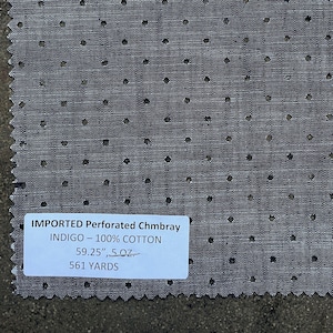 Indigo Denim Chambray Shirting perforated 3 yards 59&quot; 5 oz 100% cotton shirting fabric