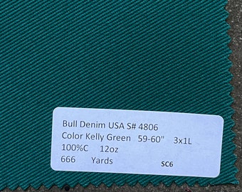 3 Yards Kelly Green Bull Denim USA Made American Denim Grüner Jeansstoff Schüttgut 100% Baumwolle 12 Unzen