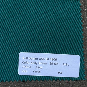 3 Yards Kelly Green Bull Denim USA Made American Denim Green Denim Fabric by the yard 100% cotton 12oz