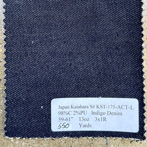3 Yards Japanese Kaihara Indigo Stretch Denim Fabric 13 oz Made in Japan 59-61&quot; 98% cotton 2 PU