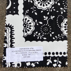 Patchwork Printed Denim Black and White Fabric by the yard Paisley Bandana 8.5 oz 98 Cotton 2 Lycra
