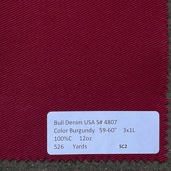 Burgundy Bull Denim USA Made American Denim Fabric by the yard 100% cotton 12oz