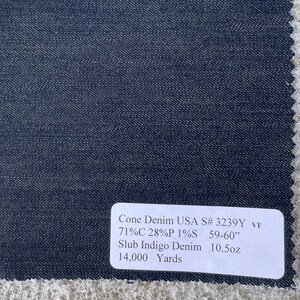 Cone Slub Indigo Denim Fabric by the yard 10.5 oz Cotton Poly Spandex 60&quot;