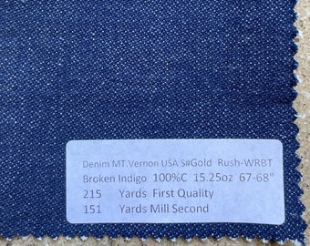 USA Broken Indigo Denim Fabric MT. Vernon 100%C 15.25oz 67-68" Jean Fabric