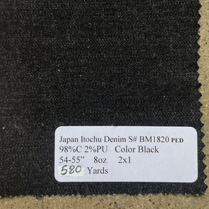 3 Yards Japan Itochu Black Denim White Weft 98%C 2PU Black 54-55&quot; 8oz 2x1 lightweight denim fabric by the yard 7 oz