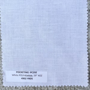 White Pocketing Lightweight Fabric by the yard good for Pocketing cotton Poly 4 oz 59" (Price per 3 yards)