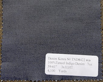 3 Yards Korean Lightweight Tencel Indigo Denim Fabric 7oz 59”