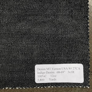 3 Yards Denim MT. Vernon USA Indigo Denim Fabric 68-69" 3x1R 100%C 12oz