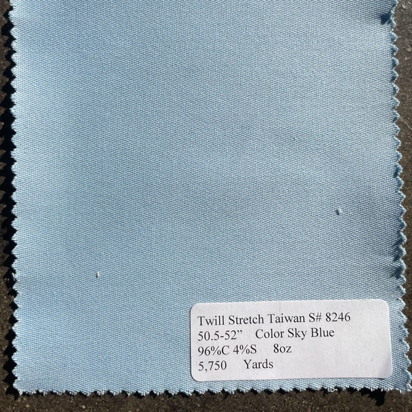 Light Blue Twill Stretch Twill Fabric by the yard 8 oz 96% Cotton 4 Spandex 50.5 in width Sky Blue made in Taiwan