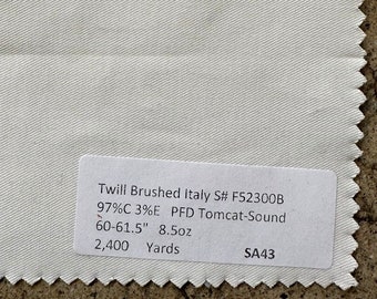 Italian White Twill Brushed PFD Fabric by the yard 8.5 oz 97% Cotton 3 Elastic
