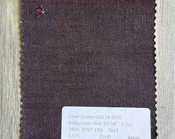 3 yardas de tela vaquera estadounidense índigo sobre rojo, 74C 25P 1S, 9.5 oz, 53/54”.