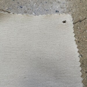 May include: A close-up of a piece of off-white fabric with a slightly textured surface. The fabric has a scalloped edge and a small hole in the upper right corner.
