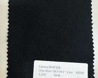 Könnte beinhalten: Schwarzer Canvas-Stoffmuster mit einem Etikett mit der Aufschrift "Canvas S# RF328 Color Black 58.5-59.5" 3.5oz 100%C 1,119 Yards"