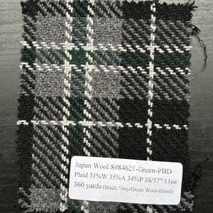 Japanese Black Plaid Wool Fabric 3 Yards 11 oz Black and Green wool/acrylic/poly