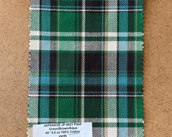 3 yards Japanese Green Plaid Flannel fabric 100% Cotton 45-46” 9.5 oz