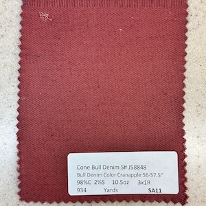3 Yards Cone Red / Maroon Bull Denim Fabric 98% cotton 2 spandex 10.5 oz
