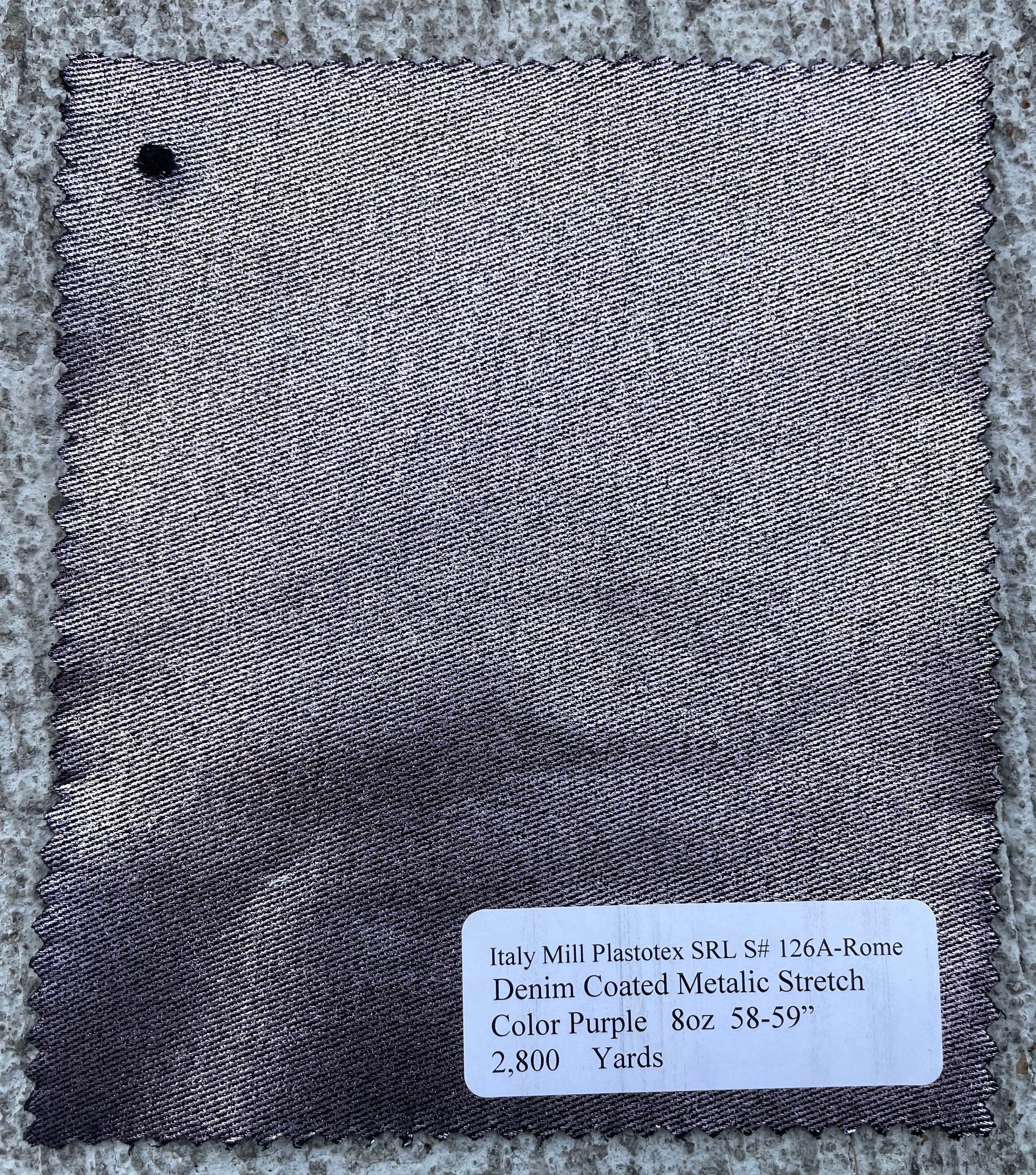 Italienischer Metallic Lila/Pink Stretch Denim Stoff 3 Meter glänzend beschichteter Denim 213gr 59"Made in Italy
