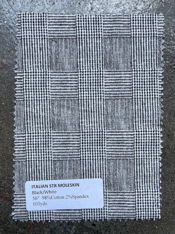 3 Yards Italian Black and White Plaid Brushed Moleskin Fabric 98% Cotton 2 Spandex medium-weight 7oz  56"
