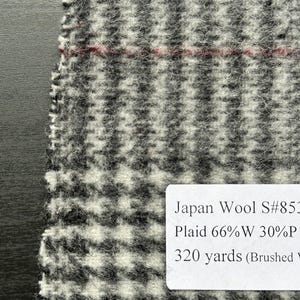 Japanese Brushed Plaid Wool Fabric 3 Yards 7 oz Black and Grey wool/poly/nylon