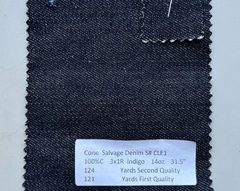 Indigo Selvedge Denim Fabric: 14 oz Cone Mills Cotton (3 Yards